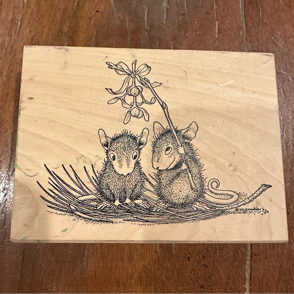 Vintage 1997 House Mouse Designs Mice Under Mistletoe Wooden Rubber Stamp